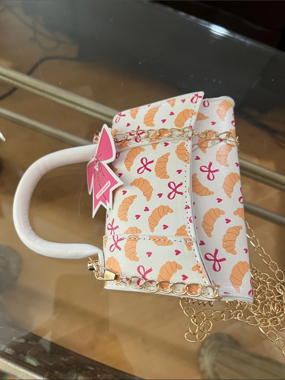 White Croissant Print Kids Mini Handbag with Pink Bow Charm